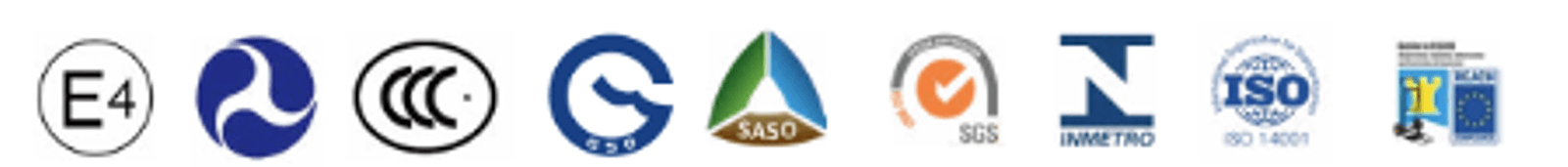 Certifications: E4, DOT, CCC, GSO, SASO, SGS, INMETRO, ISO 14001, REACH